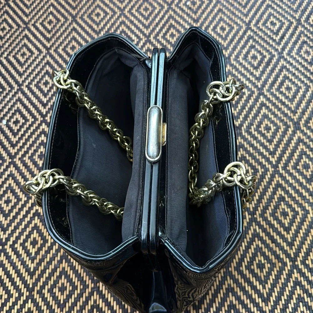 Vintage MEYERS Black Patent Leather Handbag with gold chain handles & clasp